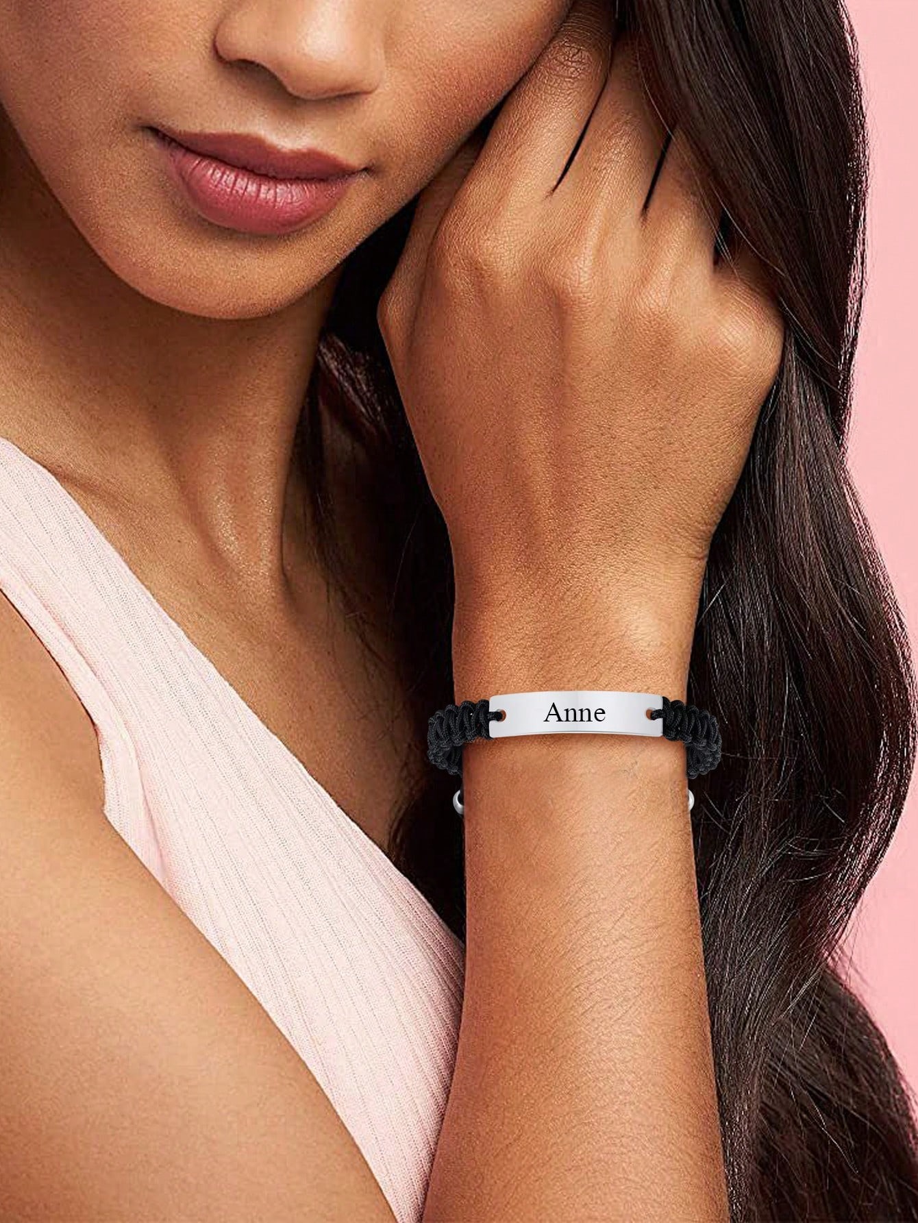 Adjustable stainless steel curved ID bracelet, customizable with name